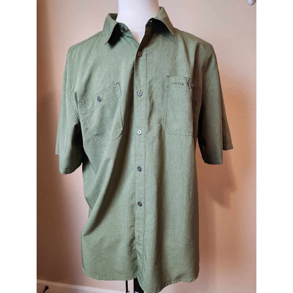 Orvis Mens Short Sleeve Button Down Polyester Pockets Outdoors XXL Olive Green